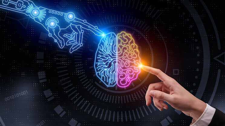 mão humana e mão de robo tocando um cérebro Desconecte-se para se conectar
