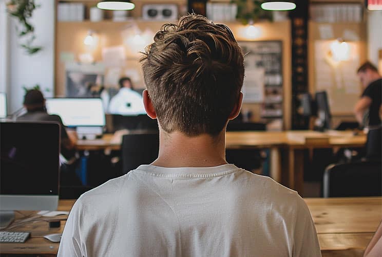 homem olhando para a propria empresa para passar confiança para o cliente