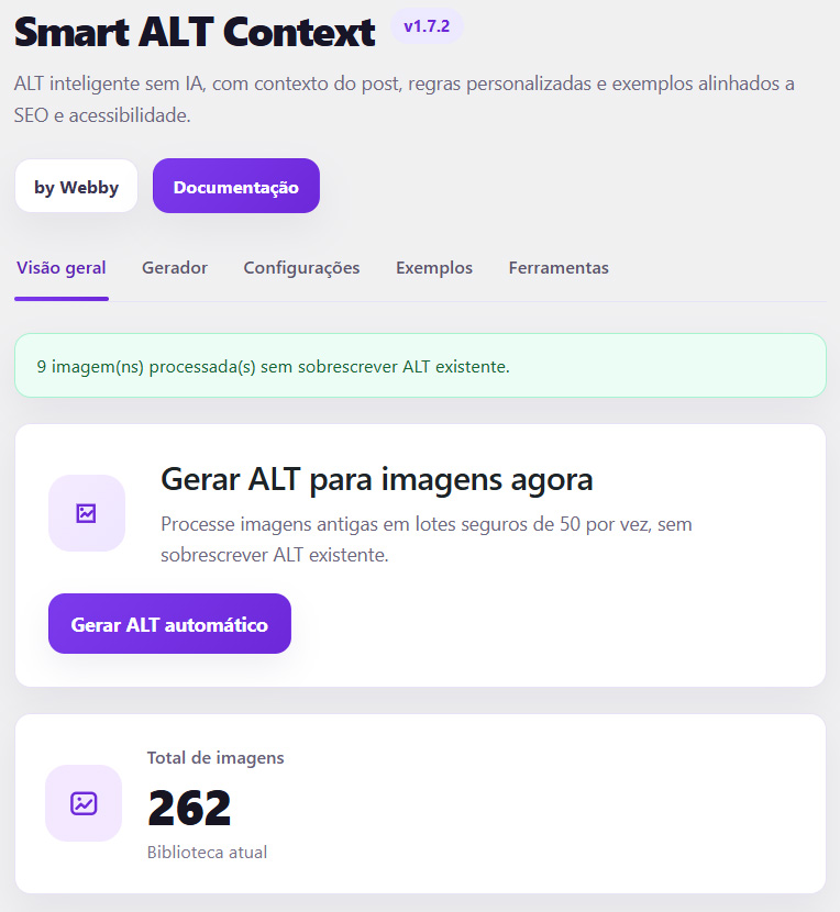 Webby Simple Alt Builder overview screen